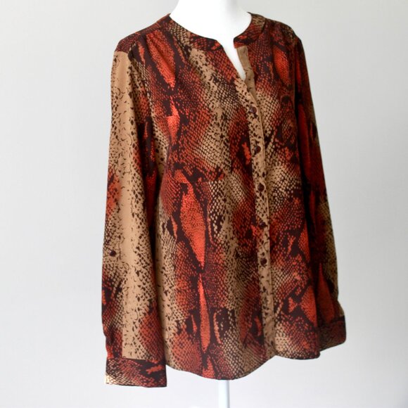 Notations Burnt Orange Snakeskin Print Long-Sleeve Button-Up Blouse Medium - Picture 3 of 6